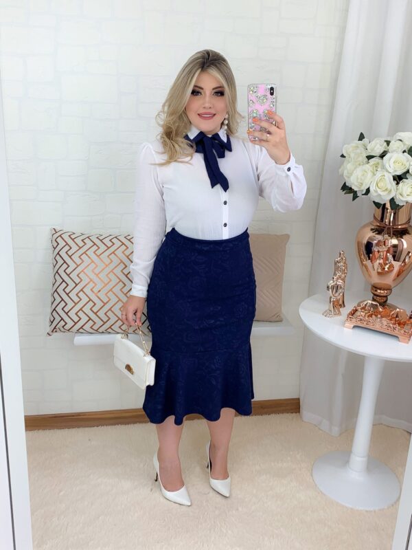 Camisa Fernanda Manga Longa Branco/Marinho - Imagem 2