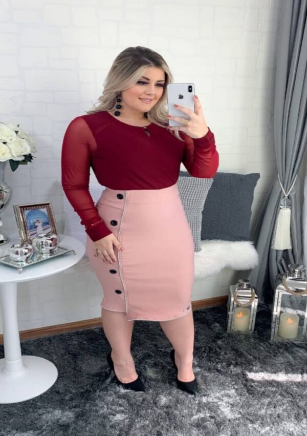 Saia Zíper Jacaré Rose c/Botões